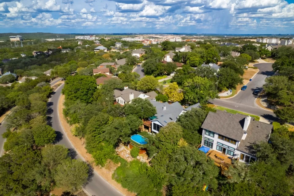 An aerial view of a typical suburban neighborhood in Texas.